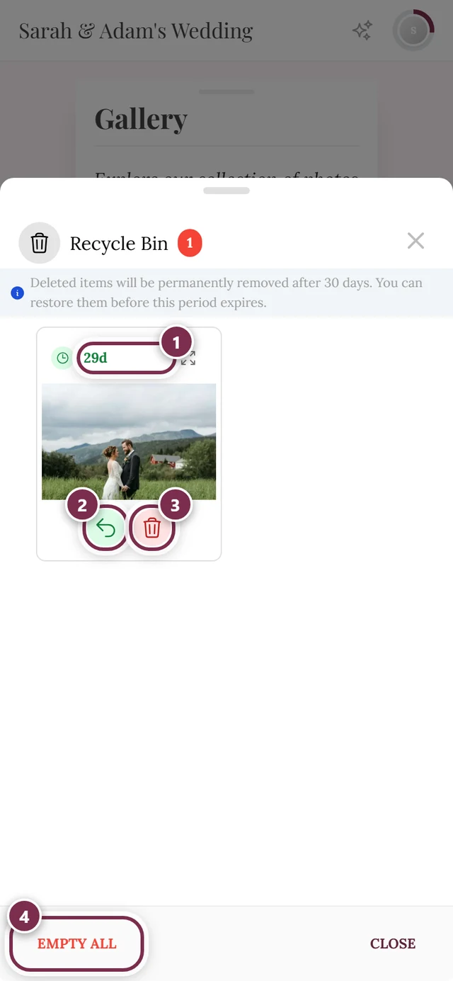 Recycle bin window opened from the gallery, with four controls highlighted