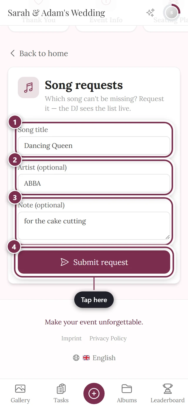 Filled-in form with Dancing Queen, ABBA and a note, with the Submit request button below