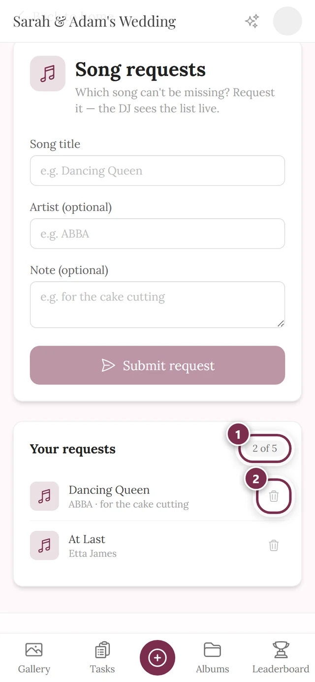 Your requests section with two entries, the counter 2 of 5 and the bin icons