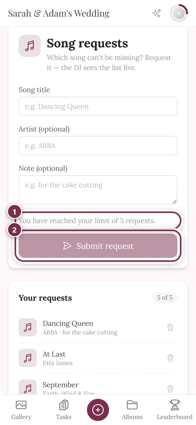 Form with a greyed-out button and the line You have reached your limit of 5 requests