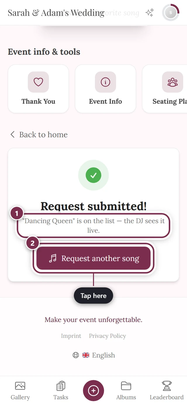 Request submitted confirmation with a green check mark and the Request another song button