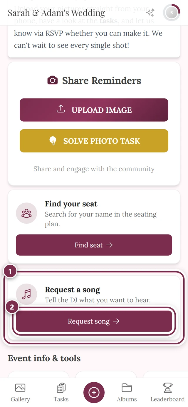 Event home page with the Request a song card and the Request song button
