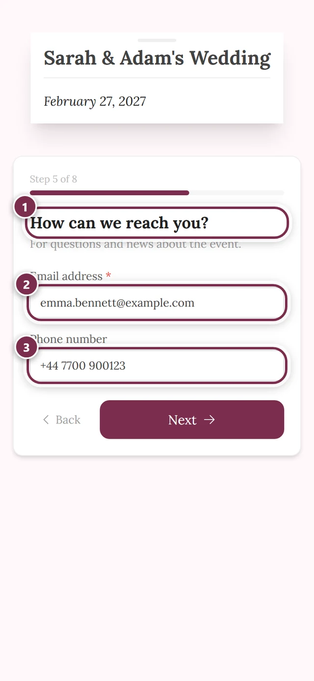 Step How can we reach you with a required email field and an optional phone field