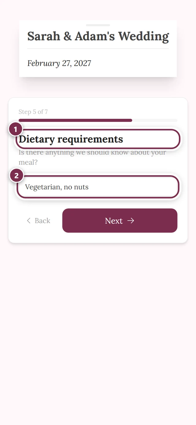 Step Dietary requirements with a filled-in text field