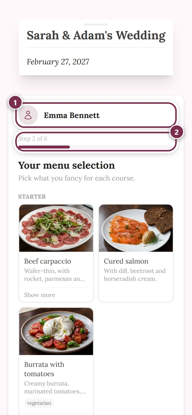 Reply form opened through a personal link, with the name card at the top and the step indicator showing Step 2 of 6