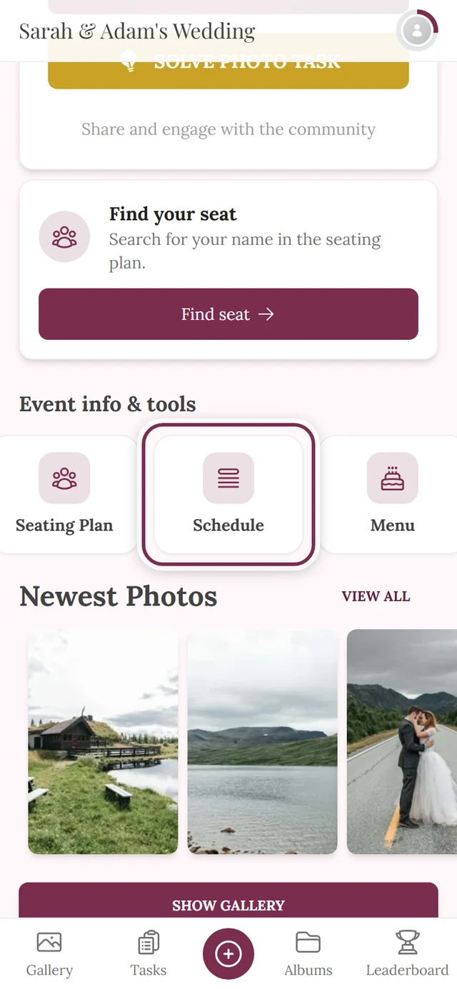 Event home page with the Schedule chip in the tool rail highlighted