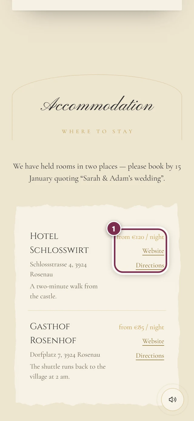 Accommodation section with two places and a ring around price, Website and Directions on the first one