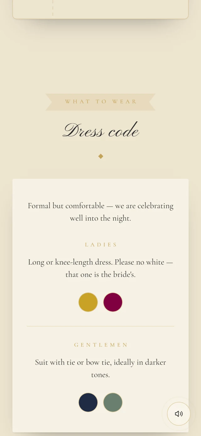 Dress code section with the groups Ladies and Gentlemen and two colour dots each