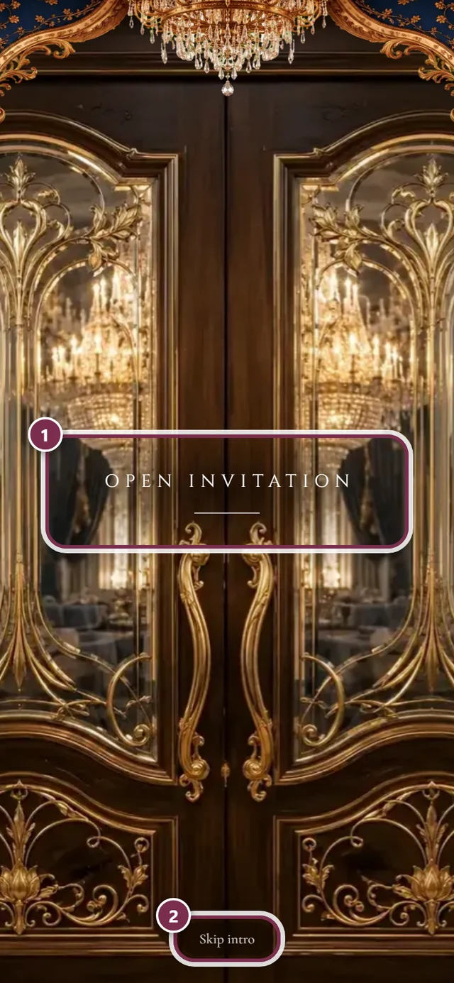 Closed gate of the digital invitation with numbered rings around Open invitation and Skip intro