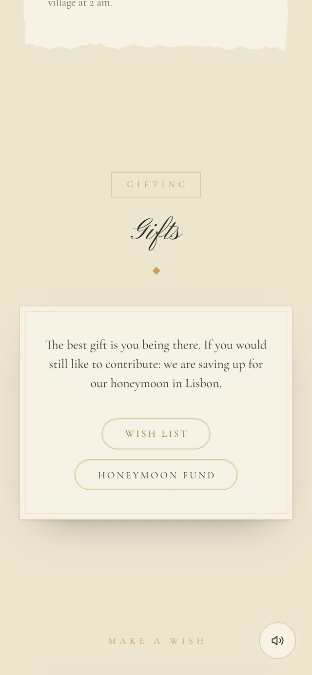 Gifts section with a text and two pill buttons, Wish list and Honeymoon fund