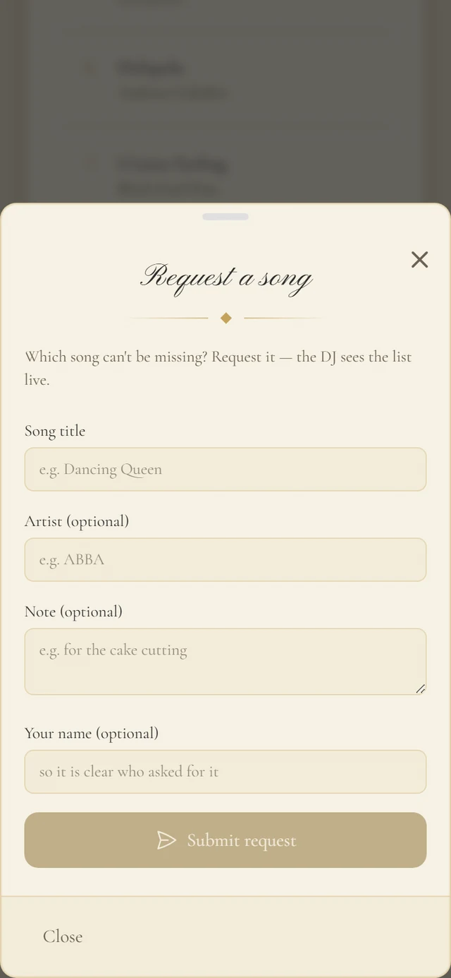 Request a song window inside the invitation with the fields song title, artist, note and your name