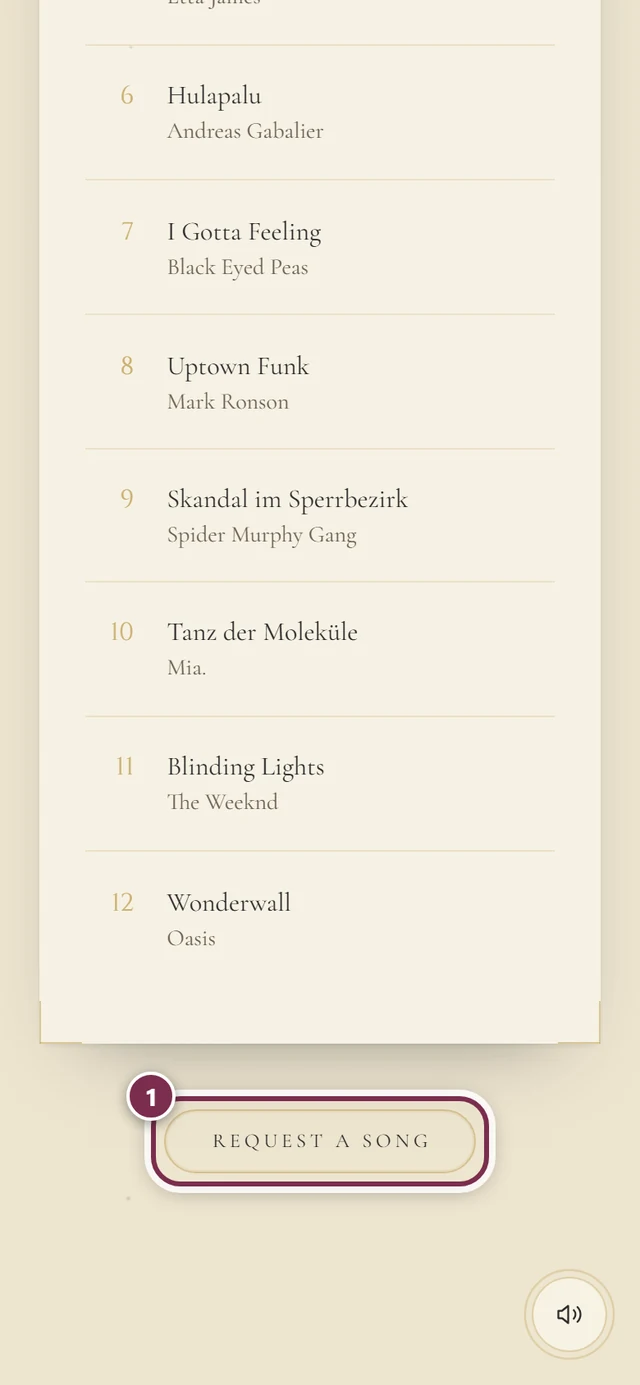 Our Playlist section in the invitation with a numbered song list and the Request a song button