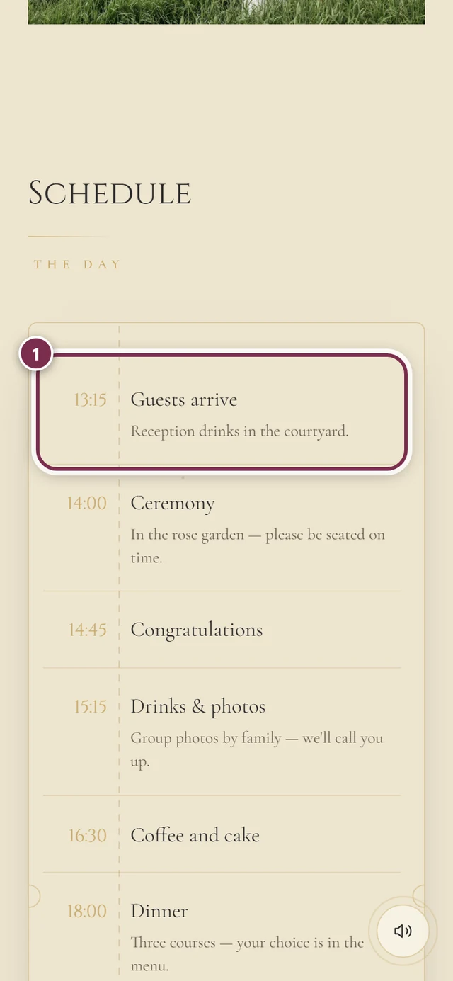 Schedule section with a timeline and a ring around the first item