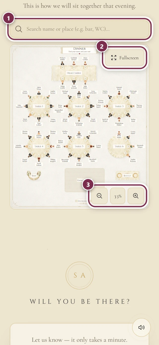 Embedded seating plan in the invitation with rings around the search field, Fullscreen and the zoom buttons