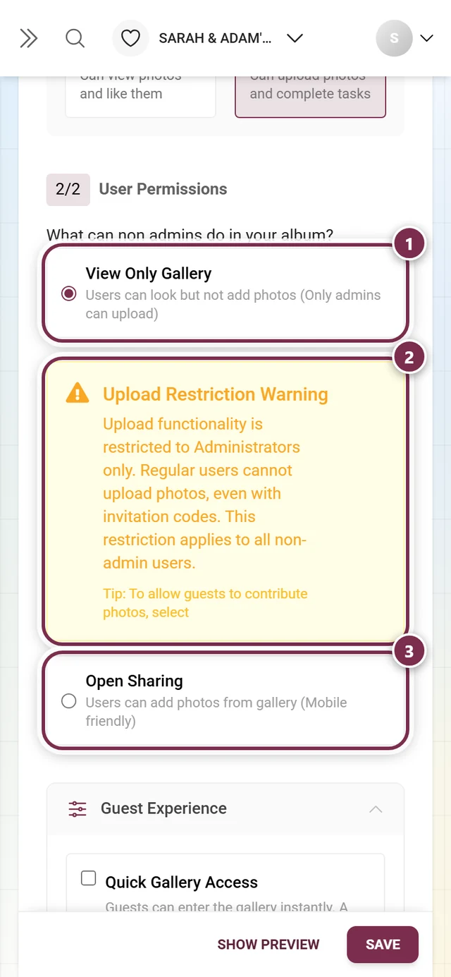 User Permissions section with View Only Gallery selected and the yellow Upload Restriction Warning