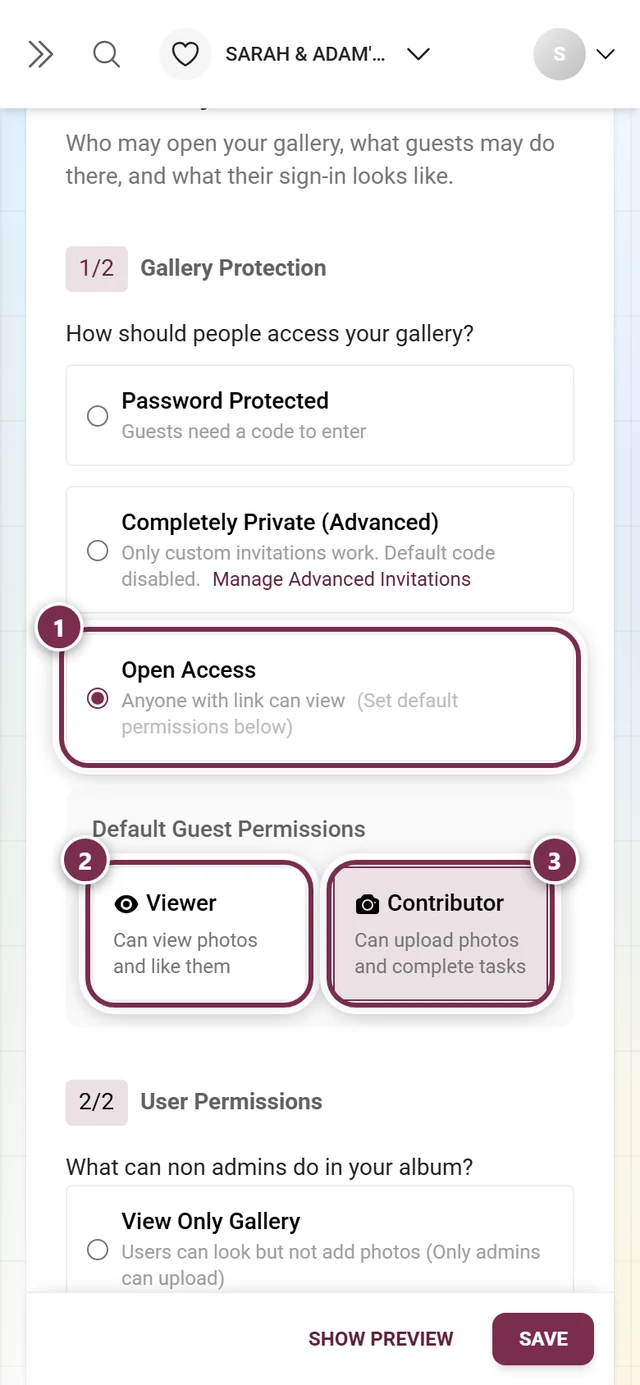 Gallery protection with Open Access selected and the Viewer and Contributor tiles