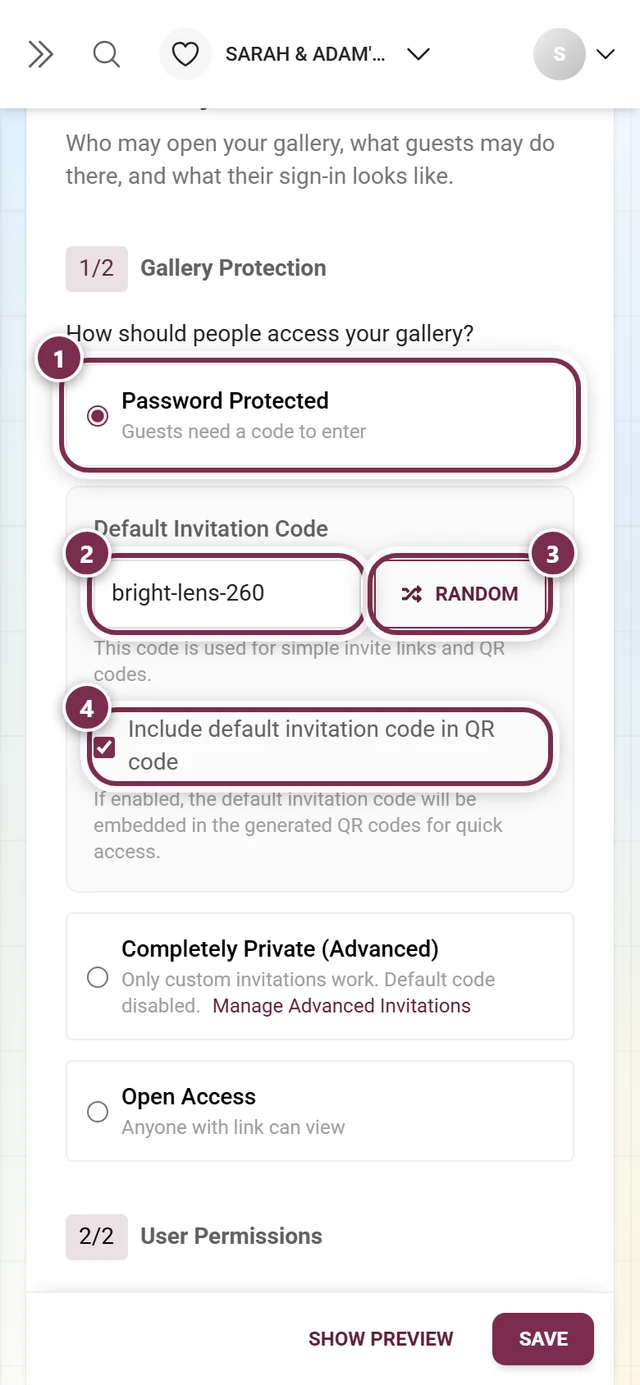 Gallery protection with Password Protected selected, the Default Invitation Code field, the Random button and the QR code checkbox