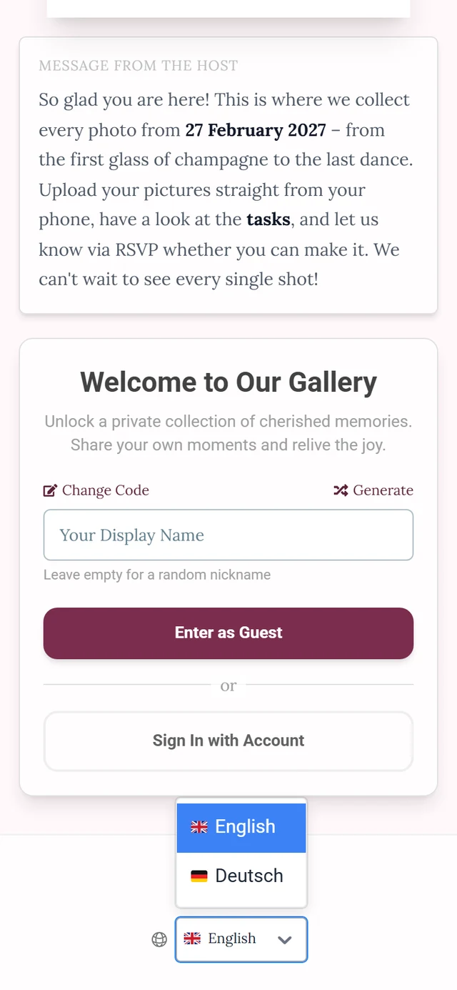 Footer of the join page with the globe icon and the opened language list