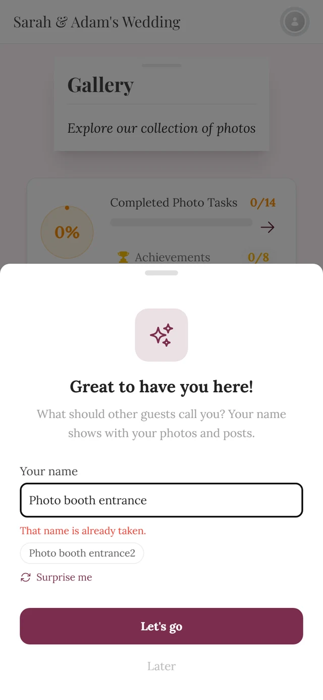The same dialog showing the red warning That name is already taken and the suggestion Photo booth entrance2 below it