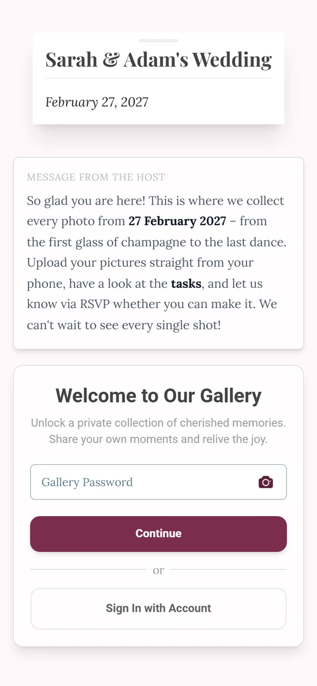 Welcome screen with the Gallery Password field, a camera icon inside it and the Continue button