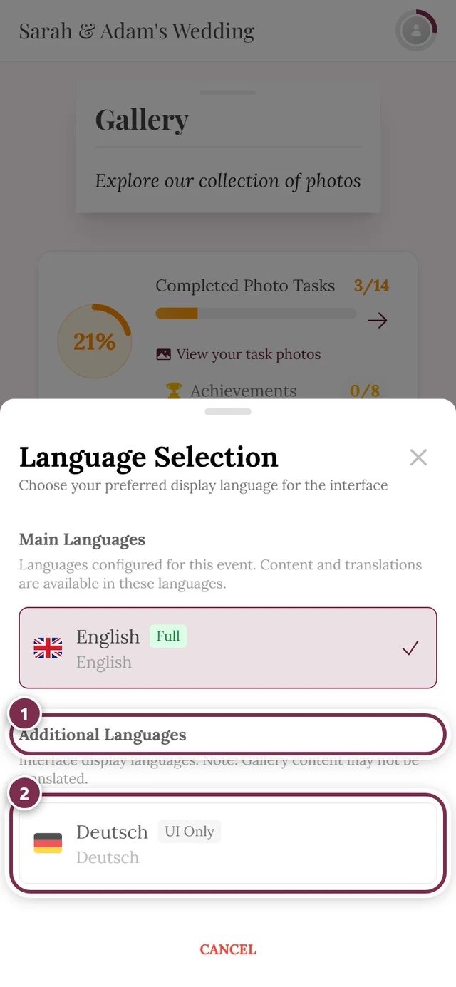 Language dialog with the Additional Languages group and a row carrying the UI Only badge highlighted