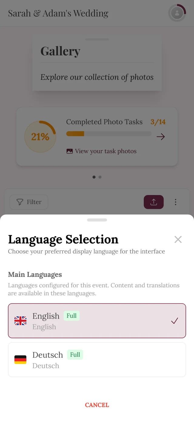 Language dialog with main languages, Full badges and a check mark on the active language