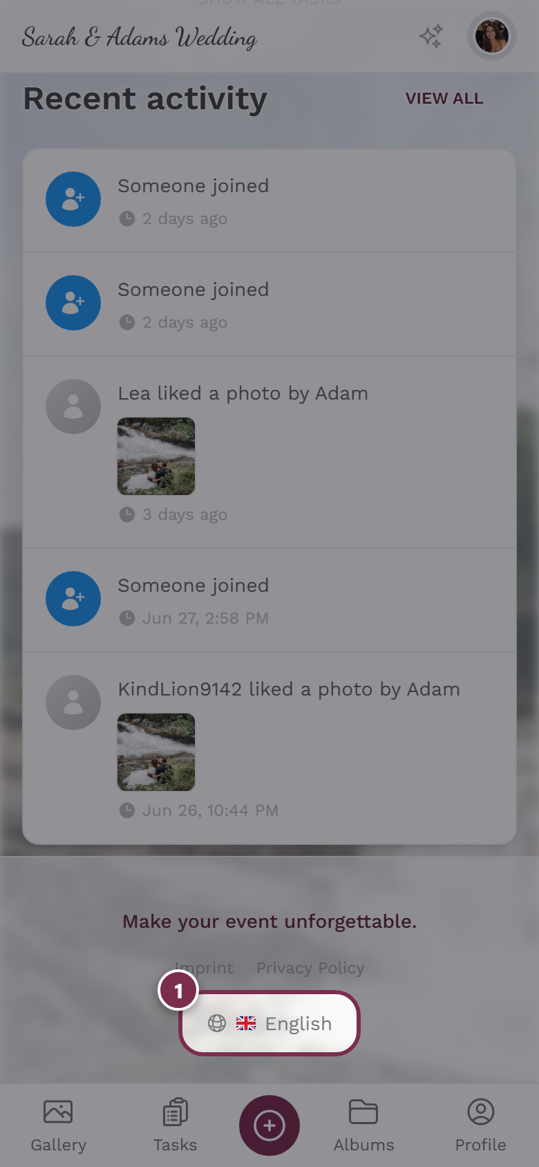Language button in the footer with globe icon highlighted