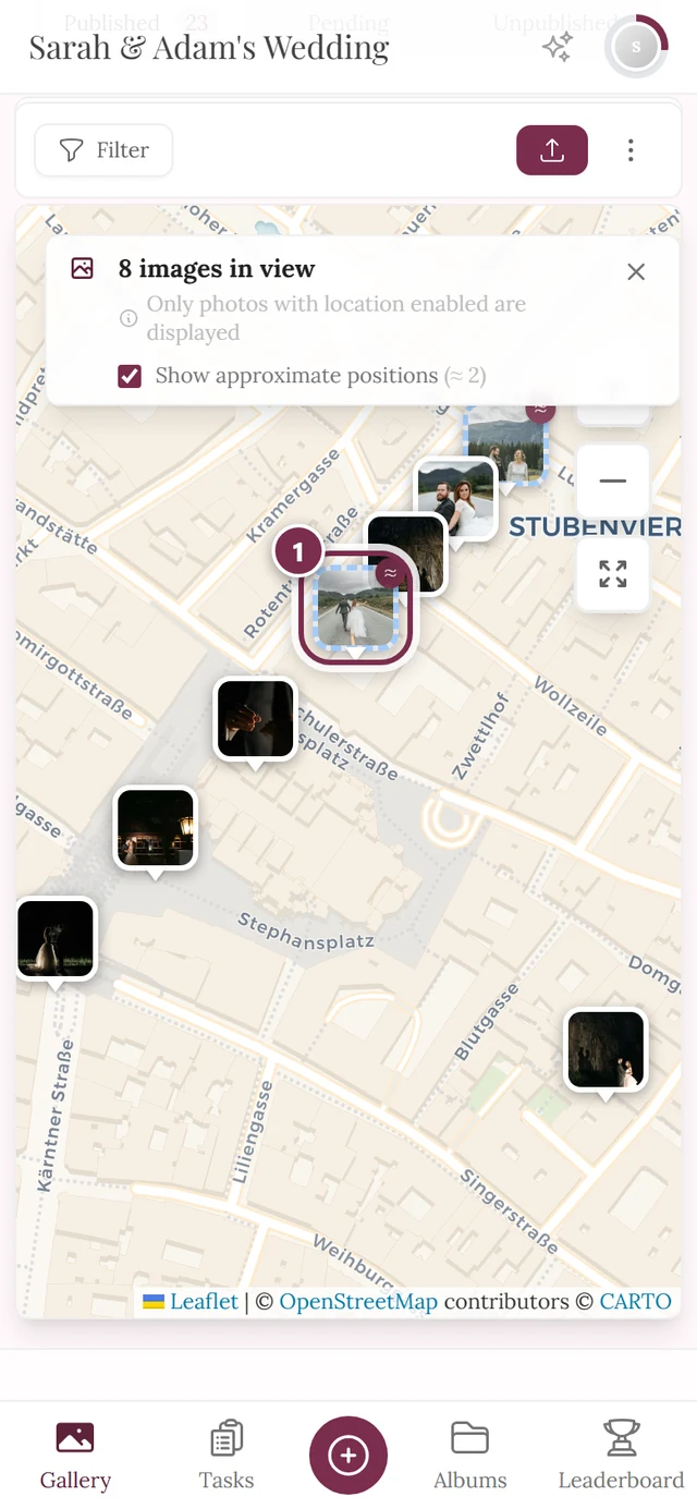 Zoomed-in map with a highlighted photo marker showing a dashed border and ≈ badge