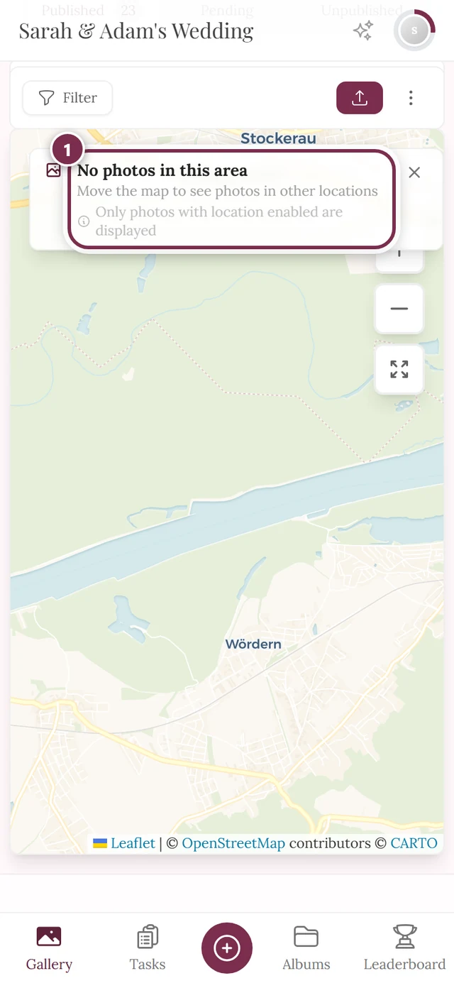Map in an area without photos showing the message No photos in this area