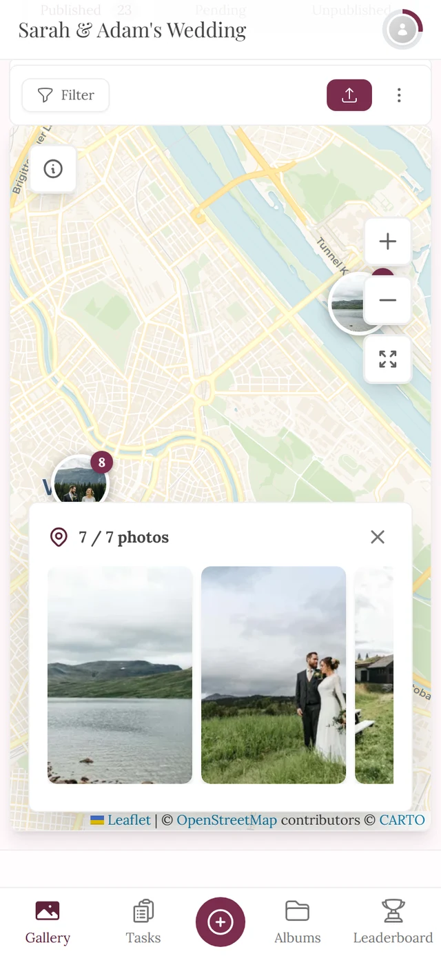 Map with the preview panel open at the bottom showing three photos side by side