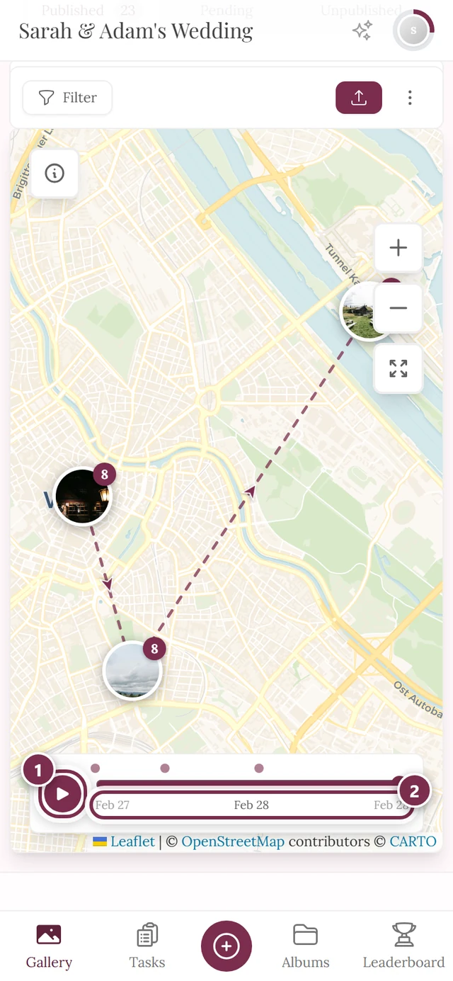 Timeline at the bottom of the map with the play button and date labels highlighted