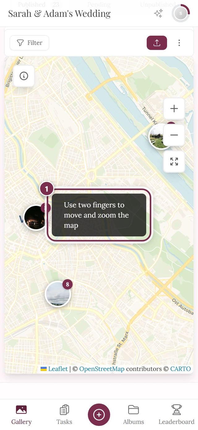 Map on a phone with the hint Use two fingers displayed