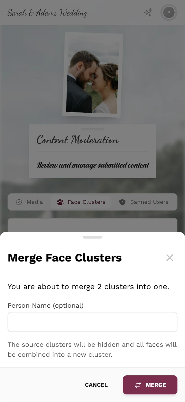 Merge Face Clusters dialog with the number of clusters, the Person Name (optional) field and the Cancel and Merge buttons