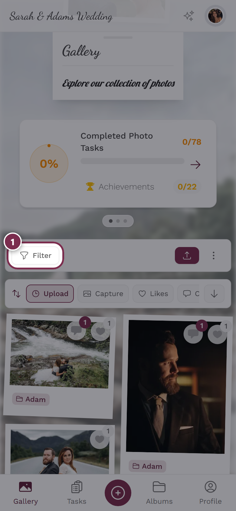 Gallery toolbar with the Filter, Upload, Select, Photo Wall and Map buttons