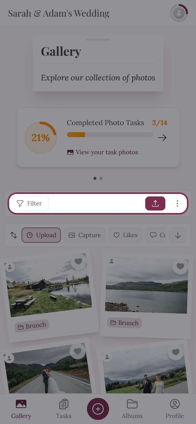 Gallery toolbar with Filter, Upload, Select, Photowall and Map