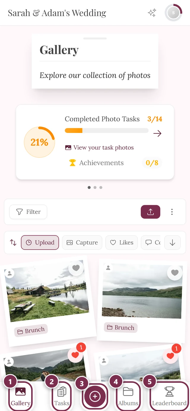 Bottom navigation bar on a phone with the upload button in the middle