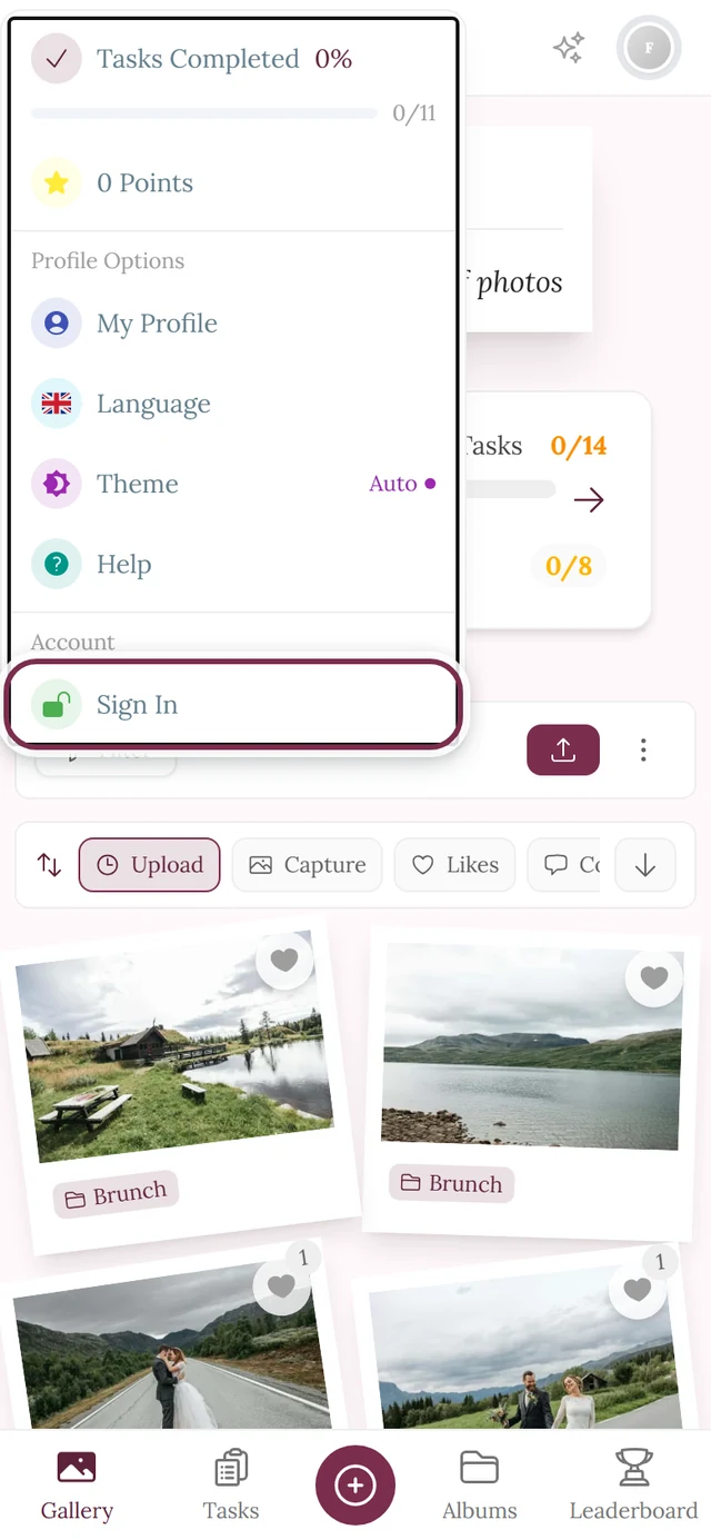 Profile menu at the top right open with the Sign In entry highlighted