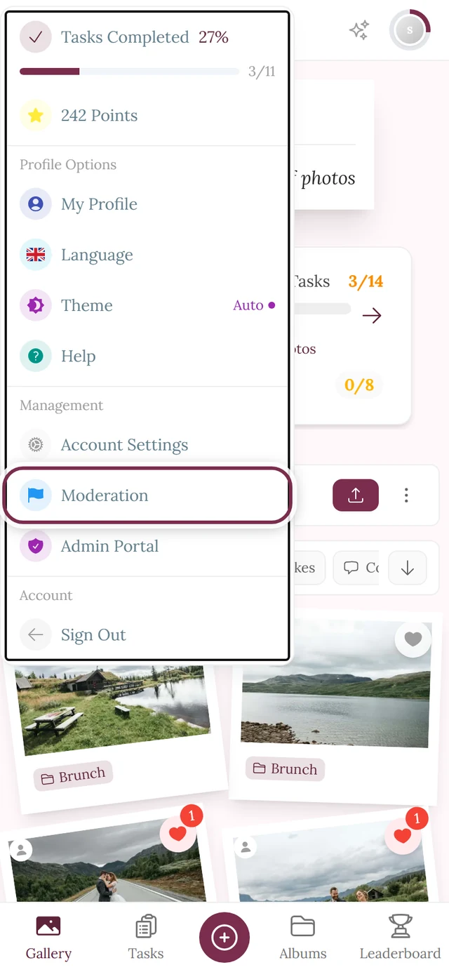 Open profile menu with the Moderation entry in the Management section marked