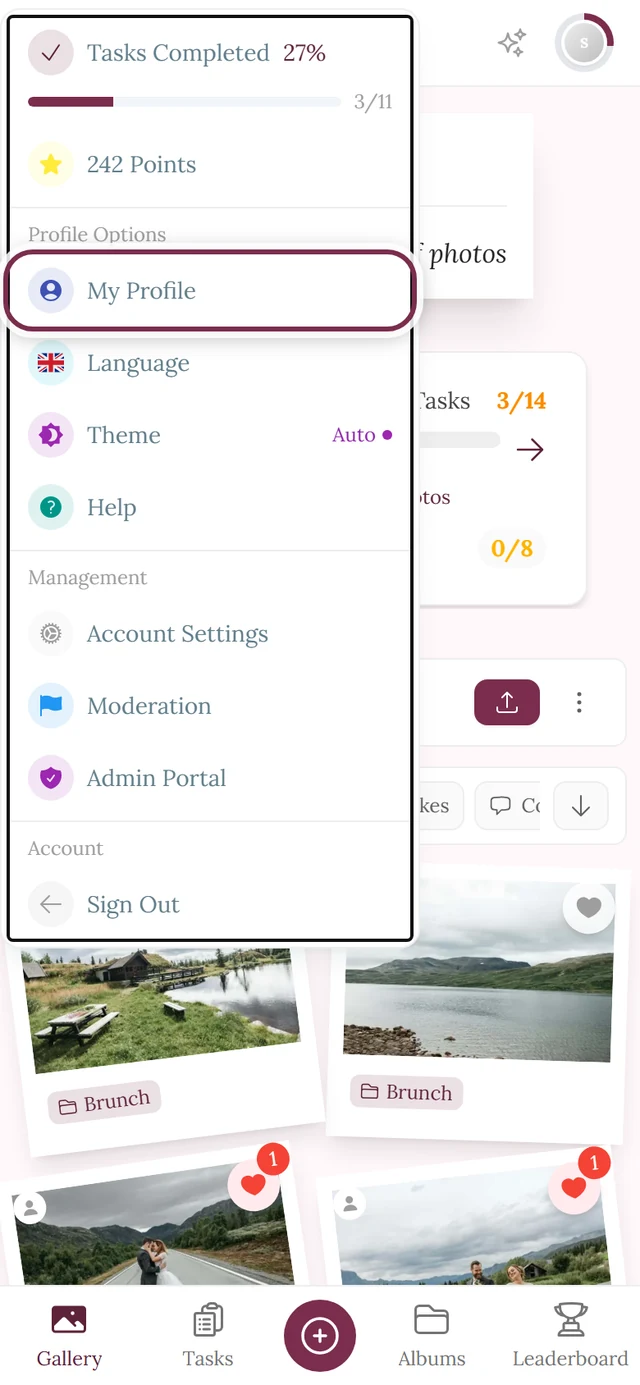 Profile menu open in the top right with the My Profile entry highlighted
