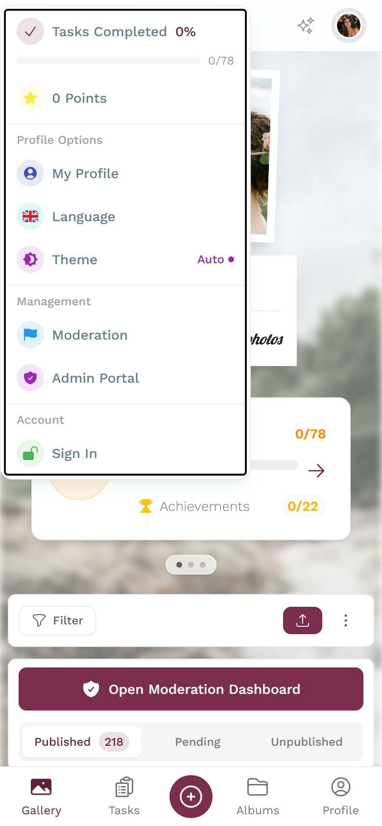 Profile menu in the top right with the Moderation entry