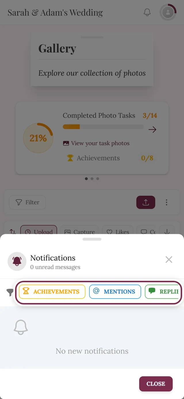 Open notifications menu with the filter row of type chips highlighted
