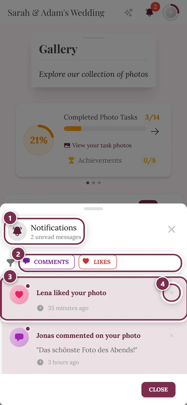 Notifications dialog with four markers: header, filter, item, delete