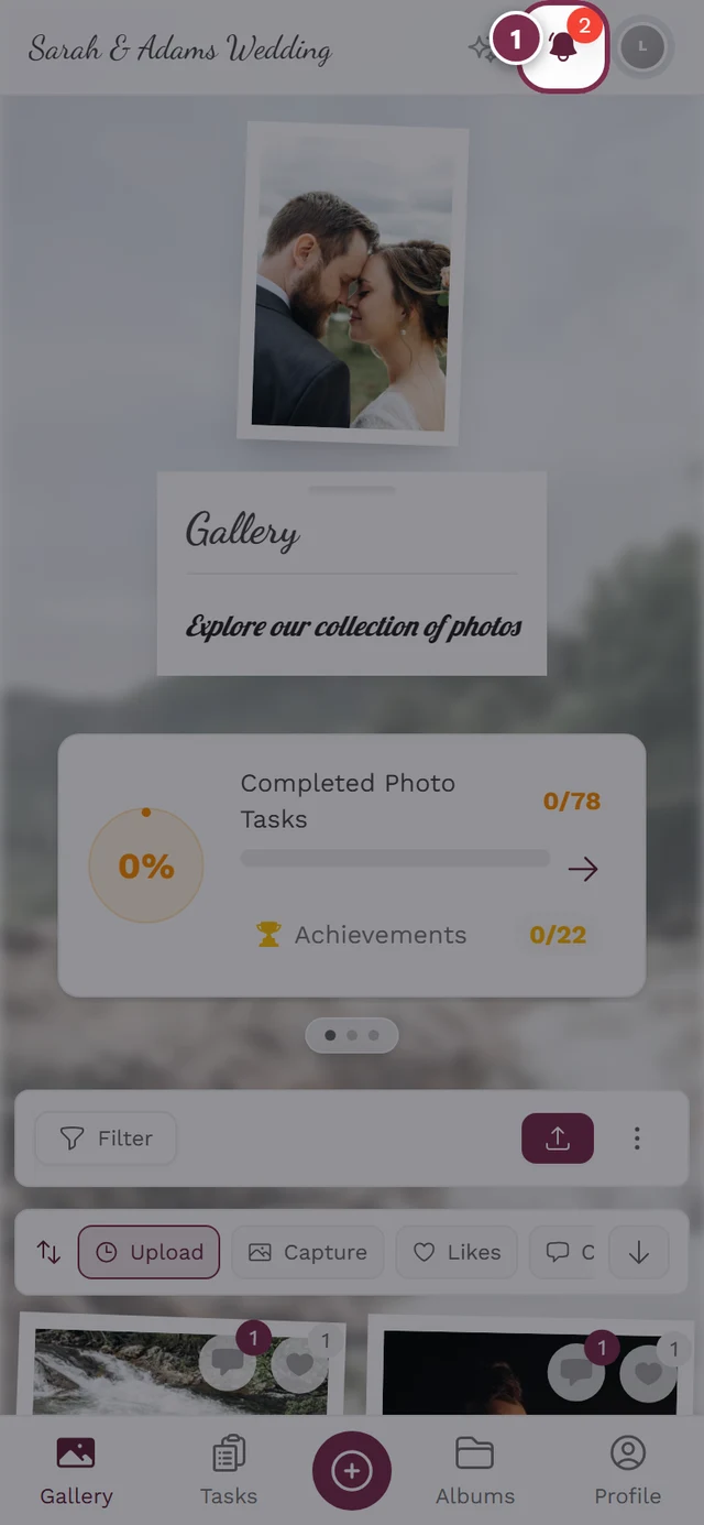 Bell icon for notifications highlighted