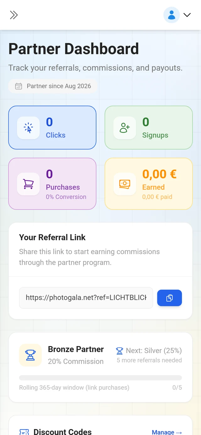 Affiliate dashboard with key figures and referral link
