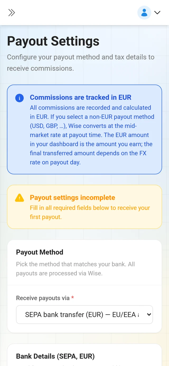 Payout settings and tax details in the partner portal