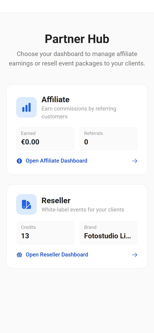 Partner portal with the choice between affiliate and reseller
