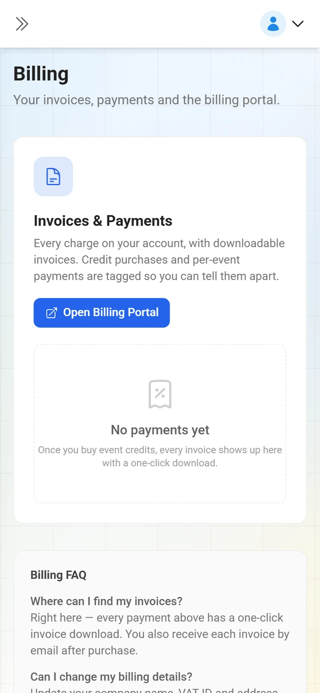 Billing page with the Invoices & Payments list
