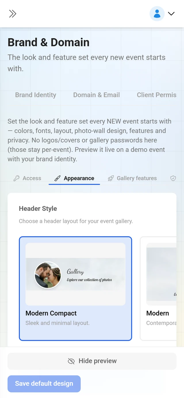 Default design tab with style, photo wall and privacy defaults