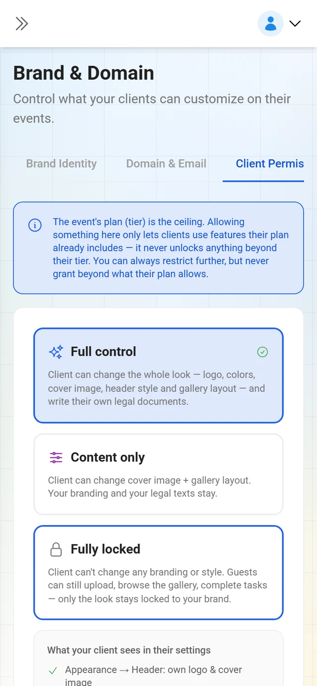 Client permissions tab with a switch per area