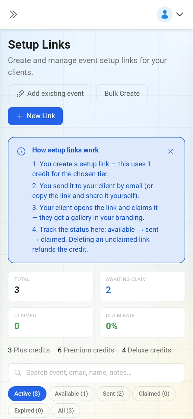 Setup links page with key figures and the list of keys